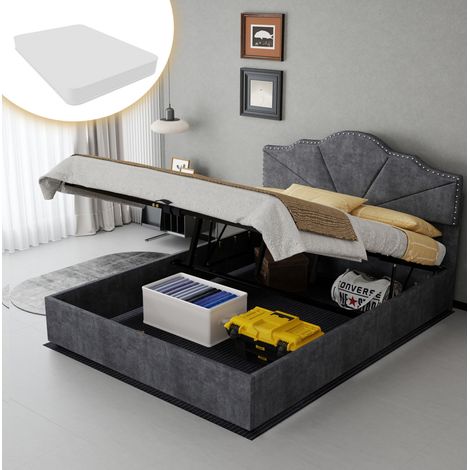 Bett modern gepolstert grau 140x200 cm mit geometrischem Kopfteil, Bettkasten mit Gasdruckfeder und Matratze