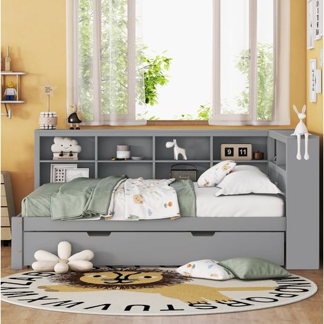 Canapé lit 140x200 avec lit gigogne 90x190, ports USB et rangements intégrés, structure en bois gris, idéal petits espaces  CHICFURN (1/5)