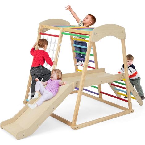 COSTWAY Parque Infantil para Interior 6 en 1, Montessori Parque Infantil Barras, Tobogán, Cuerda y Escaleras de Madera, Juego Escalador de Juguete con Anclajes para Niños 1+ Año (Multicolor) (1/5)