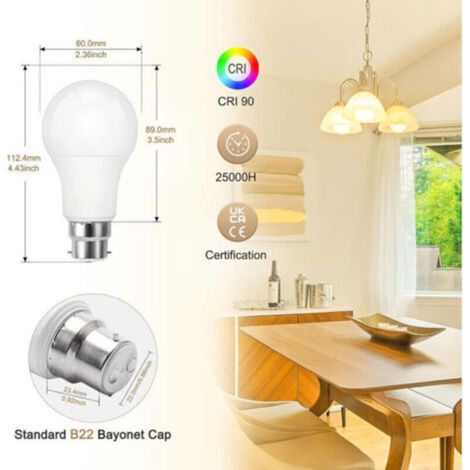 Ampoule LED B22, culot à baïonnette 9 W, équivalent halogène 60 W, blanc froid 5000 K, 800 lm, IRC 90, non dimmable, ampoule LED standard B22 pour éclairage domestique, lot de 6