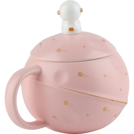 Mug astronaute fantaisie mignon de 400 ml avec poignée ergonomique, en céramique, couvercle et cuillère inclus, rose (1/5)