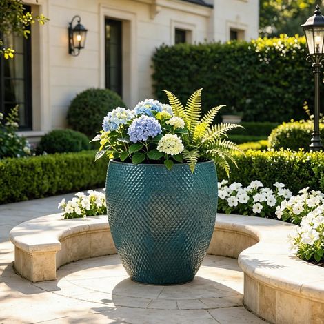 Pot de fleurs en céramique turquoise Ø46 cm motif losange (1/5)