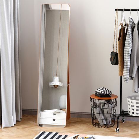 Miroir de sol et mural avec cadre en bois - 37x43x156cm - support pliant avec charnière - noyer clair