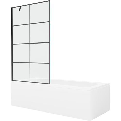 Mexen Vega rechteckige Badewanne 170 x 70 cm mit Verkleidung und 1-flügeliger Duschabtrennung 100 cm, schwarzes Muster - 550117