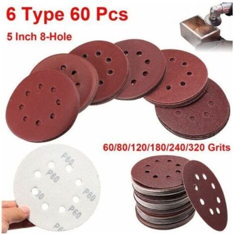 60Pcs Papier de Verre Poncage Polissage Disque Pad 125mm 8 Trou Grit 60-320 Cisea