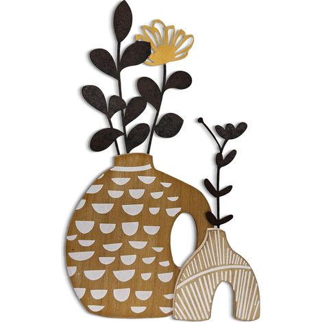 Décoration murale rustique en métal et bois - Vase avec fleurs - Style bohème - Marron et doré - 41,2 x 25,5 cm - Décoration murale rustique pour chambre à coucher, salon, couloir, bureau (1/5)