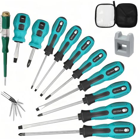 Coffret Tournevis 11 pièces avec Pointe Magnétique, 5 Embouts Plats et 5 Cruciformes, Tournevis Magnétique avec Crayon de Test de Tension pour DIY, Meubles D'entretien (1/5)