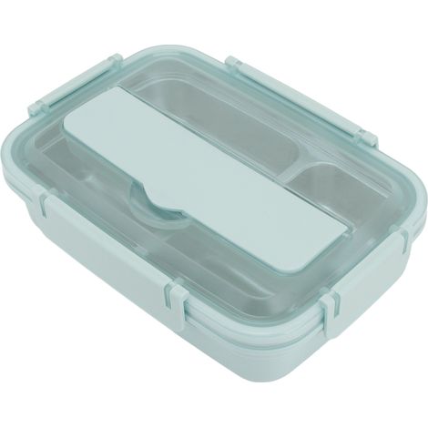 Boîte à lunch à 3 compartiments en acier inoxydable 304, cuillère et baguettes assorties en plastique, idéale pour le bureau (bleu). (1/5)