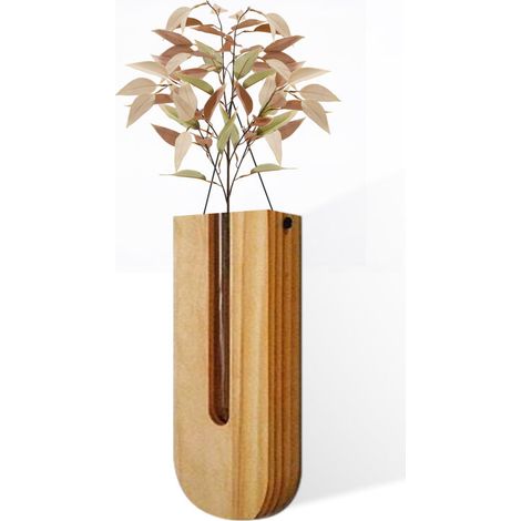 Vase Murale Bois Décor Rustique Fermière Moderne Vase Mural Planter Bois Clair Verre Dark Brown 22x8.5x3cm Pour Hall Salon Bureau Chambre (1/4)