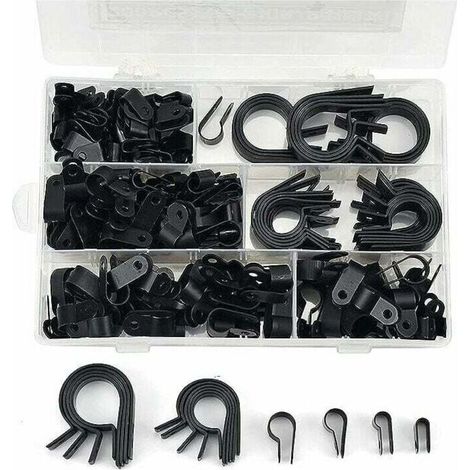 200 Nylon-Kabelbinder - R-, P-Klemmen, Schlauchschellen für Nylon-Kunststoffrohre, Befestigungselemente für Leitungen, Kabel, Ummantelungen und Hülsen Ø 5,3/6,4/10,4/13,2/19/23 mm (schwarz). (1/4)