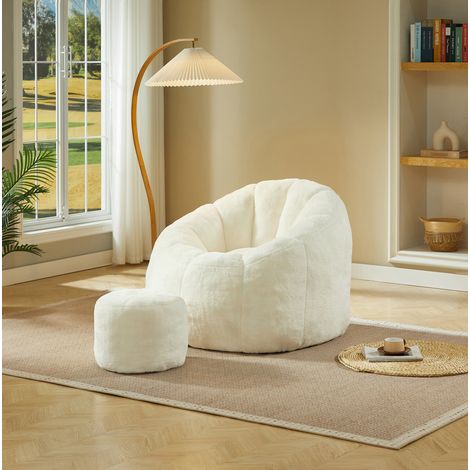 Sillón saco en forma de flor 105x105x70 cm para adultos con reposapiés y relleno de espuma, color blanco roto (1/5)