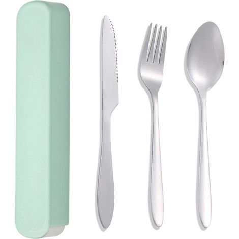 (Vert) Couverts, couteaux, fourchettes et cuillères utilisés par les élèves pour les repas à l'école, avec une boîte de rangement. (1/5)