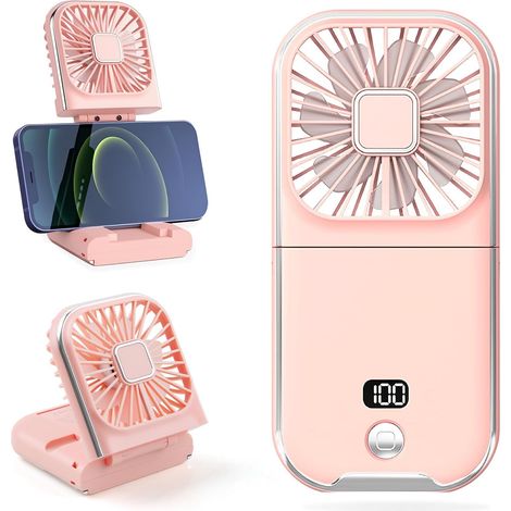 Mini ventilador portátil silencioso, 4 velocidades, con batería de 3000 mAh y pantalla digital, para oficina y uso en exteriores - Rosa (1/5)