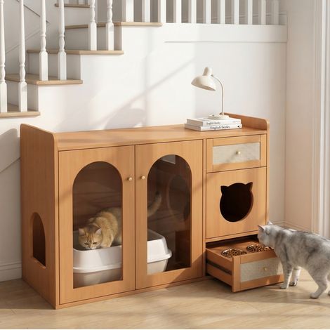 Bac à litière pour chat en bois 5 en 1 avec gamelle, 120x45x76 cm, noyer, sans bac à litière ni tapis (1/5)
