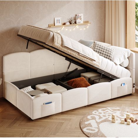 Lit banquette 90/190 cm beige en velours avec rangement hydraulique (1/5)
