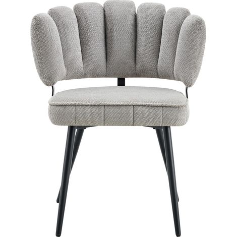 Chaise de salle à manger en velours structuré gris clair avec dossier en forme de fleur et pieds métalliques noirs, 80 cm (1/5)