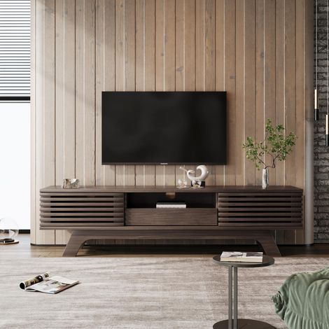 Meuble tv 150 x 35 x 44 cm style vintage avec 2 portes et 1 tiroir, finition bois ancien, design rétro (1/5)