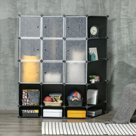 Armario Modular Organizador Portátil con 16 Compartimentos y 2 Barras de Colgar Ropa Negro y Blanco (1/5)