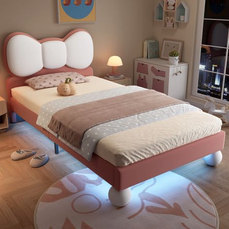 Cama infantil tapizada de terciopelo rosa y beige 90x200 cm con somier de láminas y luz LED ajustable (1/5)