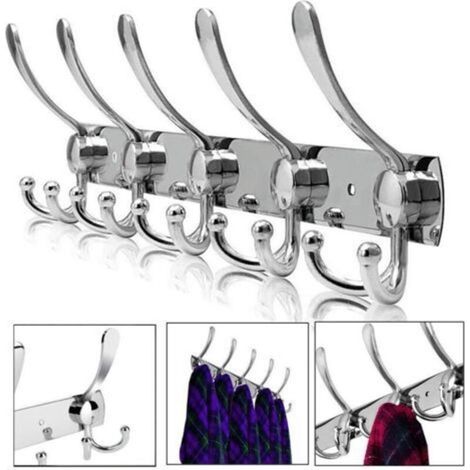 Porte-manteau mural avec 5 crochets en acier inoxydable, idéal pour suspendre serviettes de bain, vestes, manteaux, chapeaux et écharpes dans une salle de bain. Dimensions : 45 x 13 cm. (1/5)