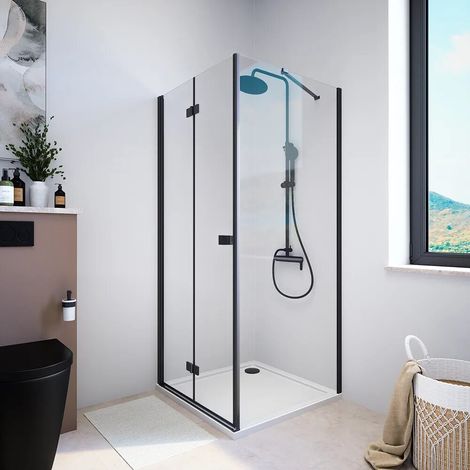 Cabine de douche 70x80 cm avec ouverture à livre côté gauche et paroi fixe profilés noir mat et verre transparent 8 mm h195 Fiji (1/3)