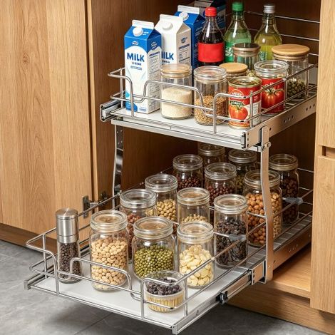 Rangement sous Évier 2 Étages 355x539x383 mm Étagère Coulissante pour Placard en Acier Chromé avec Tablettes Charge 30 kg, pour Cuisine, Taille d'Installation du Placard 385x569x483 mm (1/4)