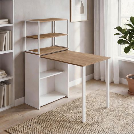 Bureau d'ordinateur pliable avec étagères de rangement à 4 niveaux, bureau avec 2 niches, 105 x 60 x 127 cm, chêne blanc (1/5)