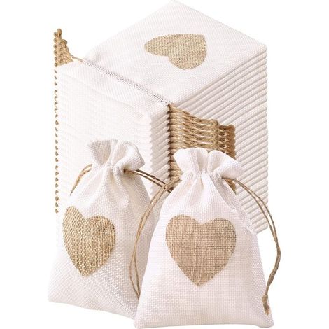 30PCS Sachets en Toile de Jute 10x14cm Pochettes Jute en Motif de Coeur Lot de Petit Sac avec Cordon Continir Bonbons Bijoux Boite Cadeau Dragees pour Baptême Mariage Noël - Beige (1/5)