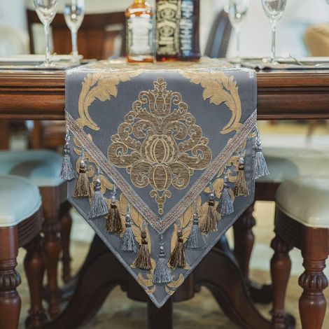 Tischläufer mit Quasten 33x228cm Grau Blau Jacquard für Esstisch & Party
