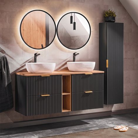 Conjunto mueble lavabo doble 140cm 2 nichos y columna Adriel Negro y Madera (1/4)