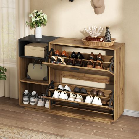 Meuble à chaussures 120x32x84.5 cm naturel et noir en MDF avec 3 niches ouvertes et 2 abattants (1/5)