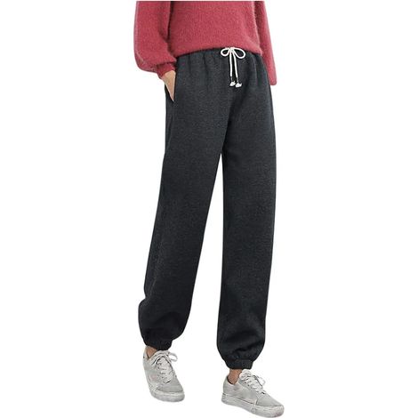 Pantalon de jogging thermique femme, pantalon d'hiver élégant avec doublure polaire, sweatpants épais et chauds à taille élastique effet velours, noir (1/5)