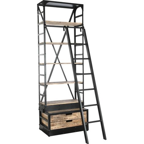 Etagère en manguier avec escalier en métal coloris noir/Naturel - Longueur 75 x Profondeur 47 x Hauteur 220 cm -PEGANE- (1/5)