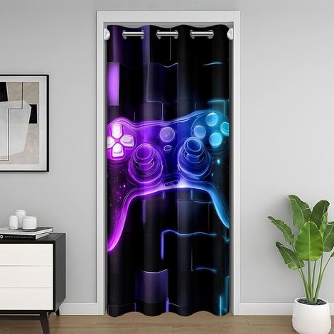 Rideau de Porte Garcon Gamer Bleu Violet, Rideaux Occultant 132x203 Enfant Gaming Deco Gamer, Rideau de Placard Jeux Vidéo, Rideaux Intérieurs Carrée Géométrique Lumineuse Au Néon - 132L X 203H cm (1 (1/5)