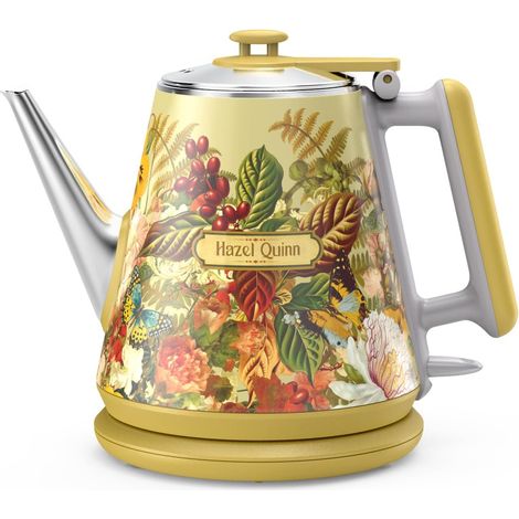 Bouilloire Électrique 1 L, Inox, Double Paroi, Imprimé Fleuri 304 Acier Inoxydable, Sans BPA, Sans Fil, Arrêt Automatique, Paroi Froide au Toucher, Ébullition Rapide, Bec Col de Cygne (1/5)