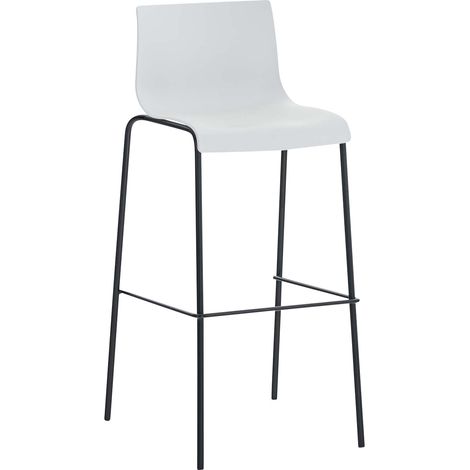 Sgabello da bar con schienale curvo poggiapiedi in plastica bianca e 4 gambe in metallo nero 100004928