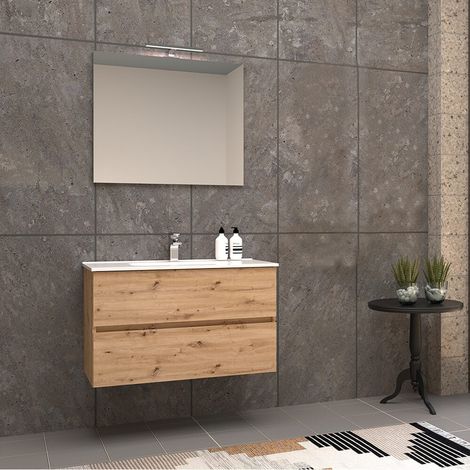 Mobile da bagno rovere nodato 90 cm sospeso Roxy con specchio filo lucido (1/4)
