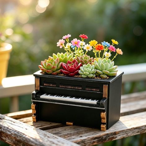 Pots de fleurs vintage en forme de piano – parfaits pour une décoration intérieure rétro, la décoration extérieure et les jardinières de jardin. (1/5)
