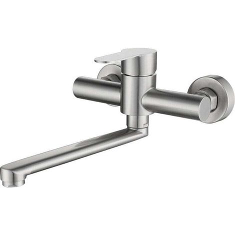 Robinet Mural Cuisine, Mitigeur Cuisine Mural Inoxydable, Pivotant à 360° pour Évier de Cuisine, Réglable Eau Chaude et Froide, Trous de Montage Réglables Brossé