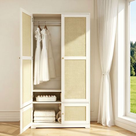 Armoire de chambre en rotin 90x48x180cm, penderie 2 portes pour vêtements et dressing, style bohème chic avec tringle et étagères, blanc (1/5)