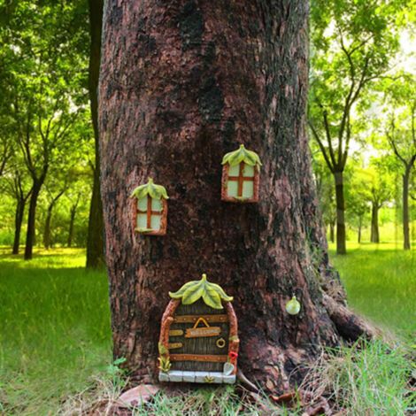 QORVA-Ensemble de portes naines - Décoration de jardin - Décoration d'arbre - Ensemble de 4 pièces - Portes et fenêtres féeriques avec lanternes - Décoration d'arbre de jardin