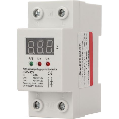 Relais de protection tension 230V monophasé 40A avec affichage LED numérique, dispositif de coupure sur/sous tension auto-récupérateur (1/5)