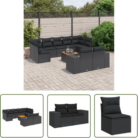The Living Store 10-tlg. Garten-Sofagarnitur mit Kissen Schwarz Poly Rattan - Gartensorte - Gartenmöbelset - Esstischgarnitur - Outdoor Möbel - Lounge Set (1/5)