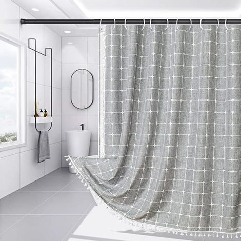 Boho-Badezimmer-Duschvorhang mit Quasten-Duschvorhang, robuster, rustikaler Duschvorhang aus gestreiftem Stoff (grau), 180 x 180 cm