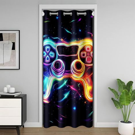 Gamer Rideau de Porte 86x203cm Jeu Rideaux Interieur Salon Chambre pour Adolescents Jeu Néon Décor Rideau Occultant Respirable Doux Lightweight Game Console Décoration de la Chambre - 86L X 203H cm (1 (1/5)