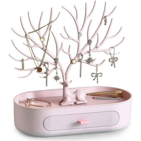 Porte-bijoux bois avec tiroirs, présentoir à colliers et bracelets, organisateur de bijoux mural ou de table, support à boucles d'oreilles, arbre à bijoux élégant. (1/3)