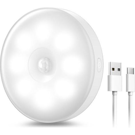 Veilleuse LED Automatique USB Rechargeable, Veilleuse Induction 8LEDs &Batterie 400mAh, Lampe Détecteur de Mouvement, Lampe Adhésive LED avec Base Magnétique Trois couleurs - 1pcs (1/4)