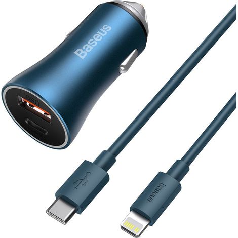 Cargador rápido para coche de 40 W PD QC USB-C / USB + cable para iPhone (azul) (1/5)