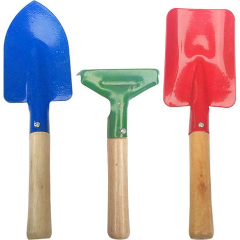 Ensemble de 3 outils de jardin colorés pour enfants : mini-truelle, pelle et fourche à manche en bois. Jouet idéal pour les enfants. (1/5)