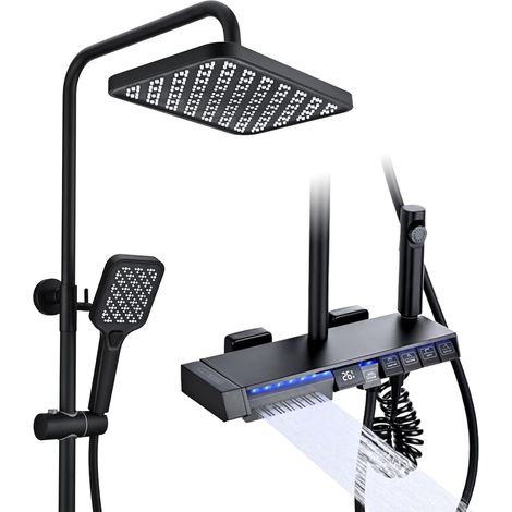 Colonne de Douche avec Mitigeur Thermostatique Noir Ensemble de Douche 5 Fonctions Système de Douche avec Affichage Numérique LED, Douche Massante, Douche de Tête 30x20CM, Pommeau Douche 3 Modes (1/5)